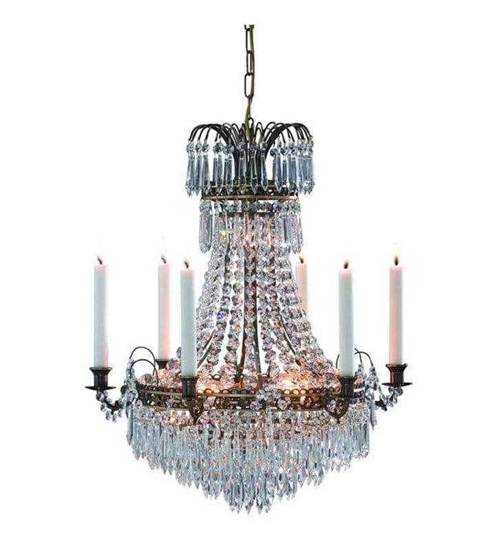 Lacko stylowy elegancki klasyczny żyrandol z kryształami w kolorze patyny świece do stylowej jadalni