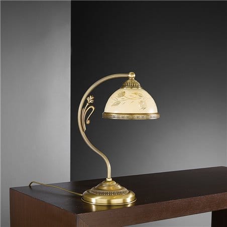 Klasyczna lampa na stół Latina mosiądz antyczny szklany dekorowany klosz ecru - OD RĘKI