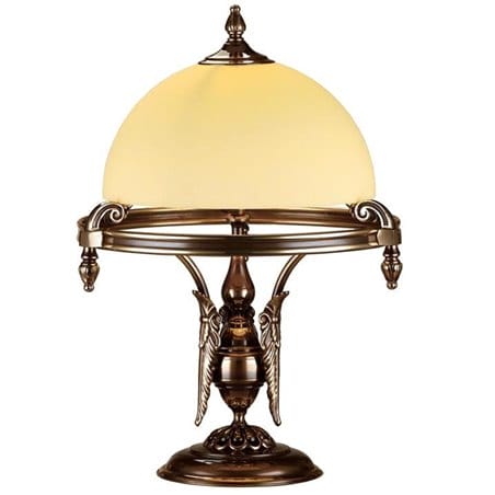 Wysoka lampa stołowa gabinetowa Cordoba I patyna mat klosz ecru zdobiona podstawa