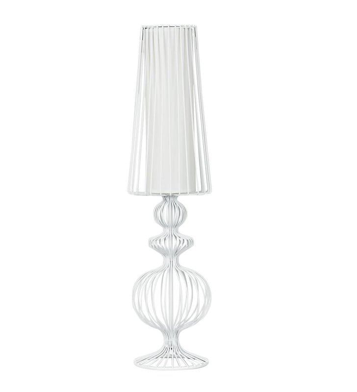 Wysoka lampa stojąca Aveiro biała druciana z materiałowym abażurem do sypialni salonu na komodę stolik nocny