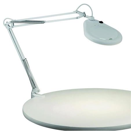 Biała lampa biurkowa Fagernes ze szkłem powiększającym przykręcana do blatu