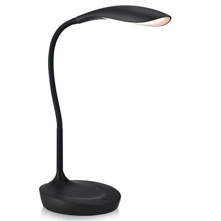 Czarna nowoczesna lampa biurkowa Swan z wejściem USB włącznik dotykowy na lampie