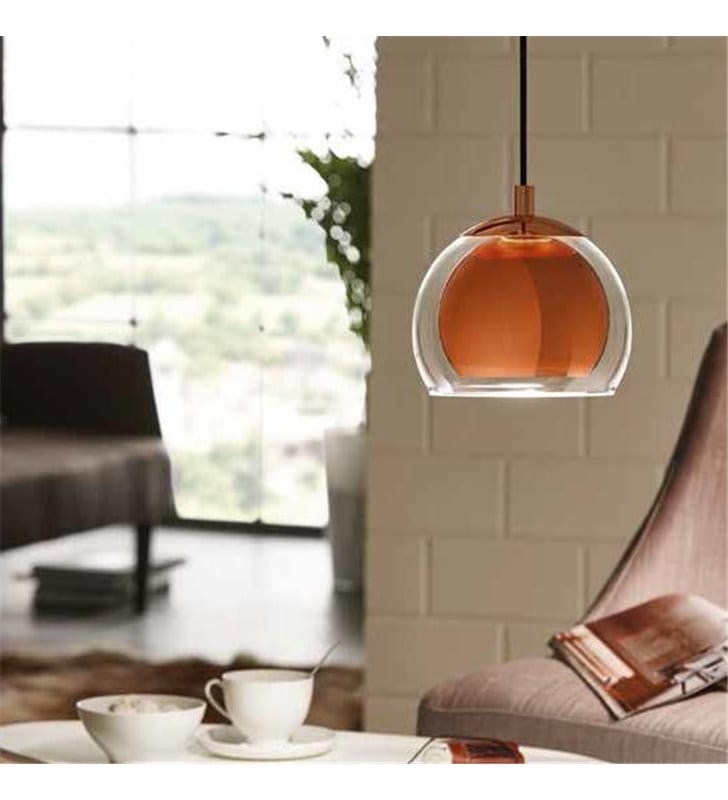 Rocamar pojedyncza lampa wisząca z podwójnym kloszem szklanym na zewnątrz i metalowym miedzianym wewnątrz