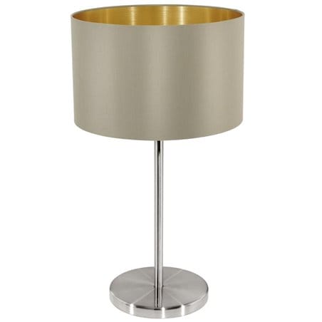 Lampa stołowa Maserlo taupe abażur ze złotym środkiem włącznik na przewodzie