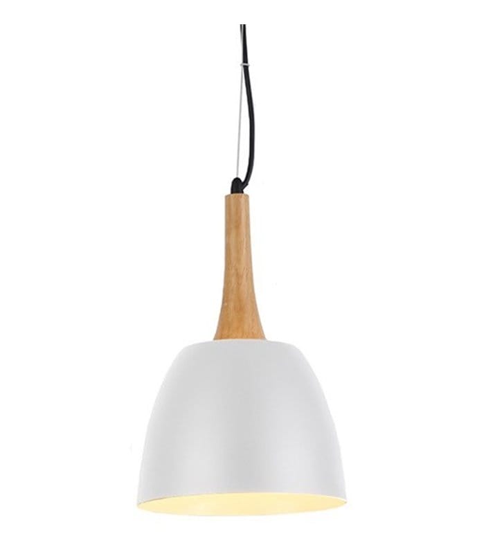 Metalowa biała lampa wisząca z drewnianym wykończeniem Prato styl skandynawski