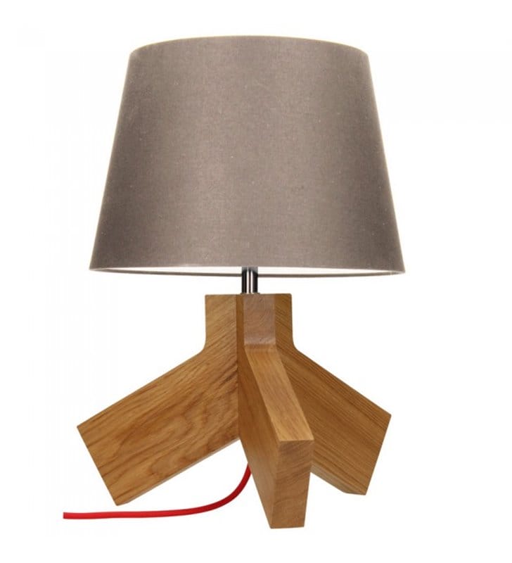 Lampa stołowa Tilda drewniana dębowa podstawa abażur taupe czerwony kabel