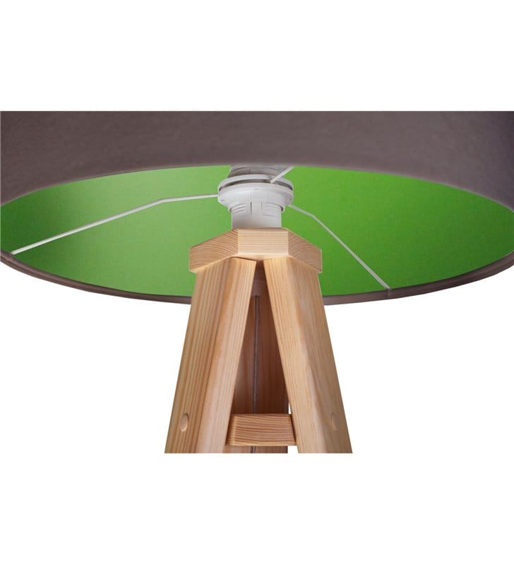 Lampa podłogowa Kamelia Zielona szaro zielona podstawa drewniana sosnowa trójnóg do sypialni salonu jadalni
