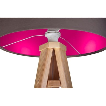 Lampa podłogowa Kamelia Różowa abażur szary wewnątrz różowy podstawa drewniana sosnowa