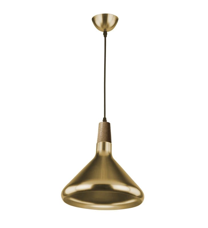 Złota wisząca metalowa lampa Ida z drewnianym elementem przy kloszu