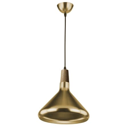 Złota wisząca metalowa lampa Ida z drewnianym elementem przy kloszu