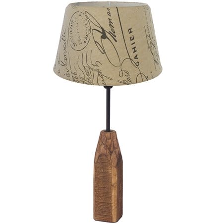 Lampa stołowa Rinsey w stylu vintage drewniana podstawa abażur tekstylny z nadrukiem