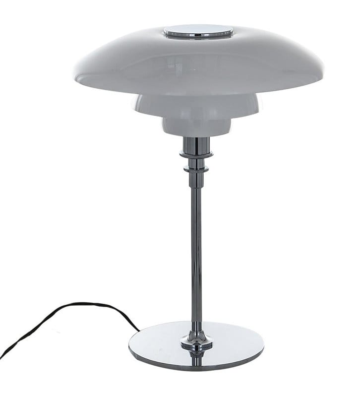 Duża lampa stołowa Roger duży szklany biały klosz podstawa chrom