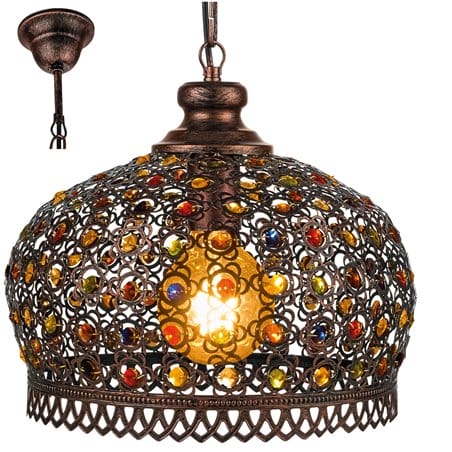 Orientalna lampa wisząca Jadida w kolorze antycznej miedzi z kolorowymi ozdobami