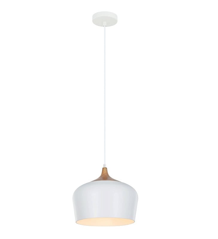 Lampa wisząca Britta biała z elementem imitującym drewno styl skandynawski do pomieszczeń nowoczesnych