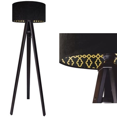 Lampa podłogowa Arletta czarna abażur welurowy z wewnętrznym nadrukiem 3 nogi z drewna