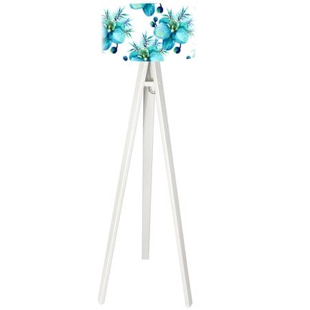 Biała lampa podłogowa na trójnogu z kwiatowym abażurem Błękitny Storczyk