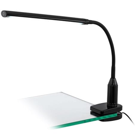 Czarna lampa biurkowa z klipsem Laroa LED podłużny klosz giętkie ramię włącznik dotykowy na kloszu