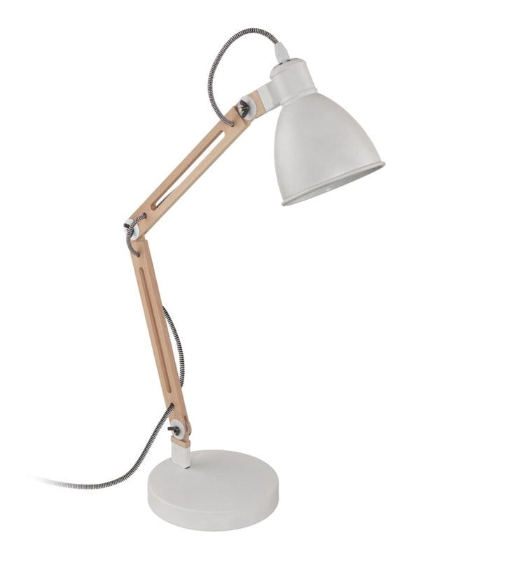 Wysoka lampa biurkowa Torona1 biała z drewnianym ramieniem biało czarny przewód - DOSTĘPNA OD RĘKI