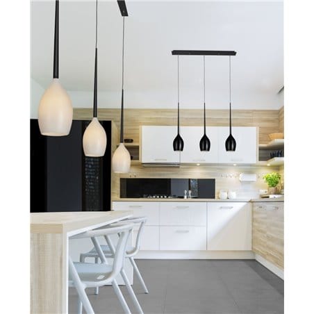 Potrójna lampa wisząca Izza czarna z białymi kloszami ze szkła nad stół wyspę kuchenną do salonu sypialni