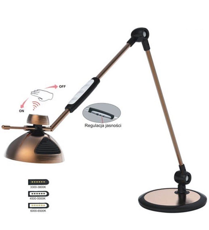 Nowoczesna łamana lampa biurkowa Morino mosiądz antyczny włącznik dotykowy regulacja jasności barwa światła 3300-6500K