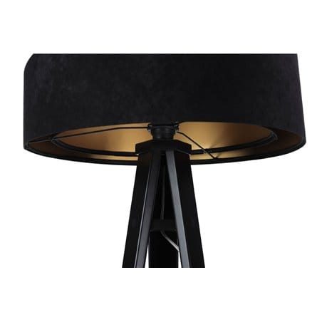 Lampa stojąca Emi czarno złoty asymetryczny abażur z weluru czarny drewniany trójnóg do sypialni jadalni salonu