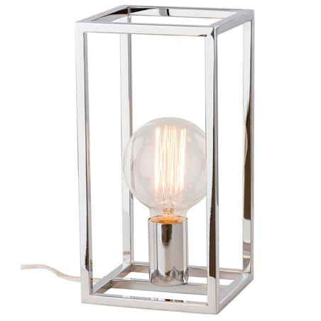 Nieduża nowoczesna minimalistyczna lampka stołowa Sigalo z widoczną żarówką chrom włącznik na kablu