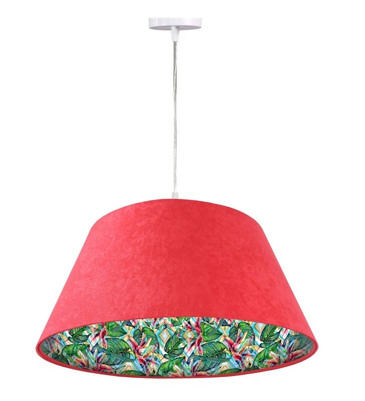 Lampa wisząca Tropikalna Moranda czerwona abażur welur stożek 50cm motyw roślinny wewnątrz abażura