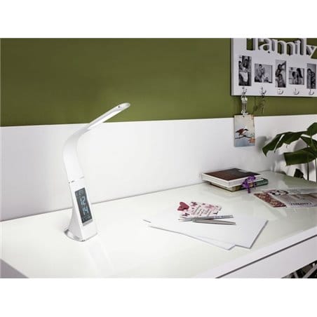 Biała nowoczesna lampka biurkowa Cagnoli naturalna barwa światła LED 4000K włącznik dotykowy zegar