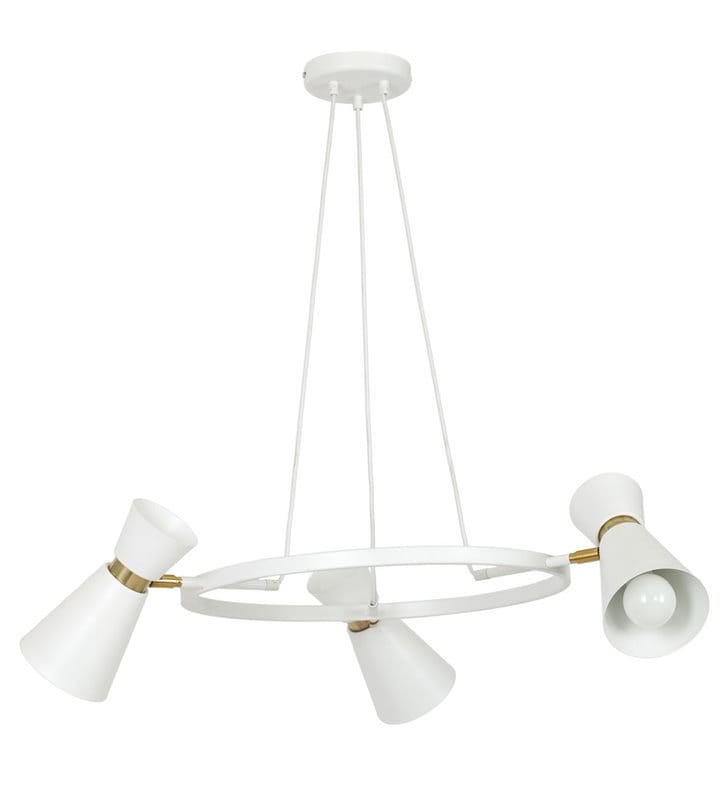 Żyrandol lampa wisząca Kedar White biała obręcz z 3 kloszami 3 żarówki detale w kolorze mosiądz styl nowoczesny