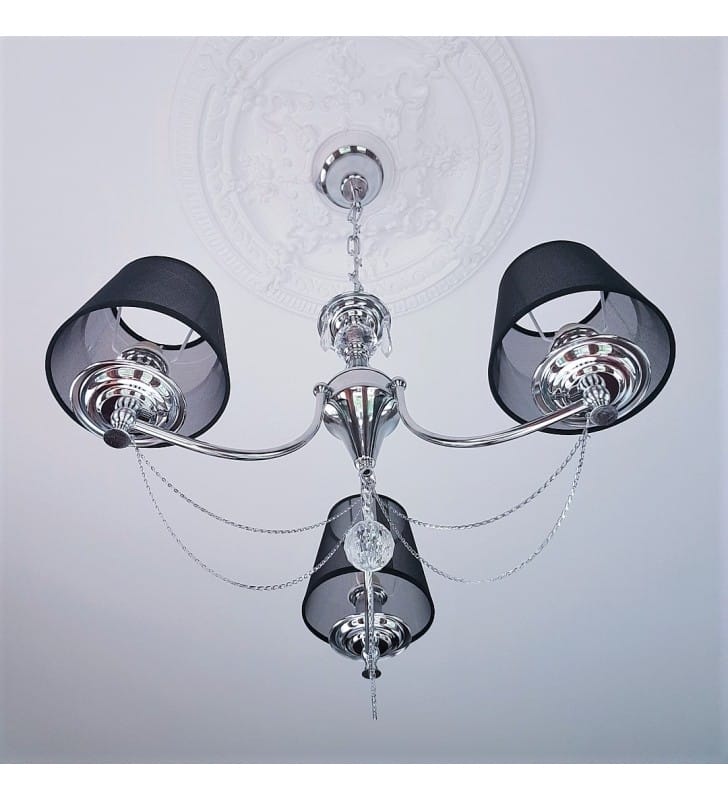 Żyrandol Moreno 3 ramienny chrom czarne abażury łańcuch dekoracyjne kryształki i łańcuszki