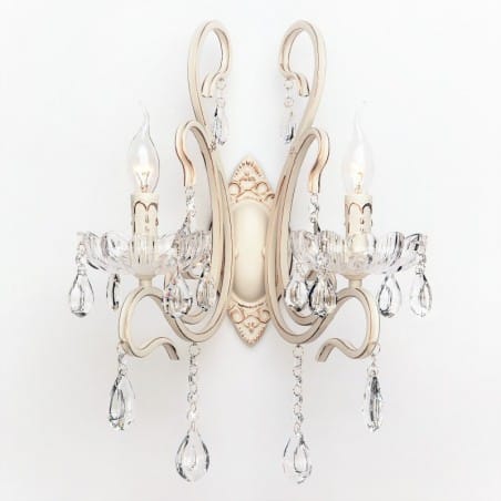 Kinkiet Imperium podwójny w kolorze antycznej bieli ze złotymi przetarciami styl klasyczny dekorowany kryształami