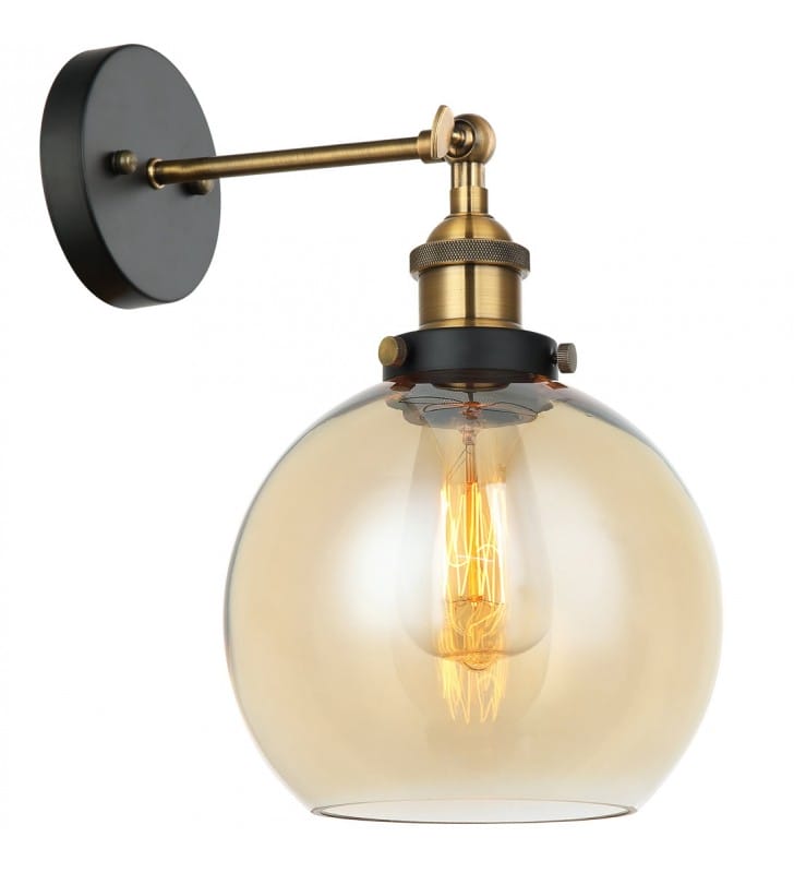 Loftowa lampa ścienna Cardena czarno złota z bursztynowym szklanym okrągłym kloszem