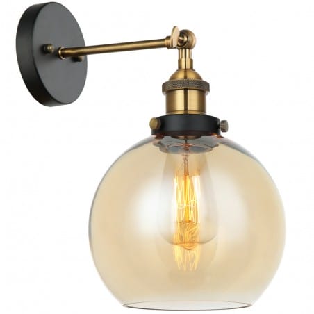 Loftowa lampa ścienna Cardena czarno złota z bursztynowym szklanym okrągłym kloszem