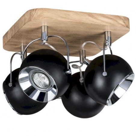 Lampa sufitowa 4 punktowa Ball Wood czarne metalowe klosze podsufitka z drewna dąb olejowany