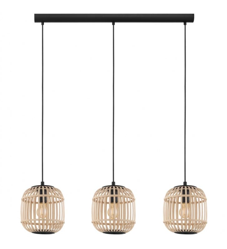 Potrójna lampa wisząca Bordesley połączenie czerni z naturalnym drewnem np. nad stół do jadalni