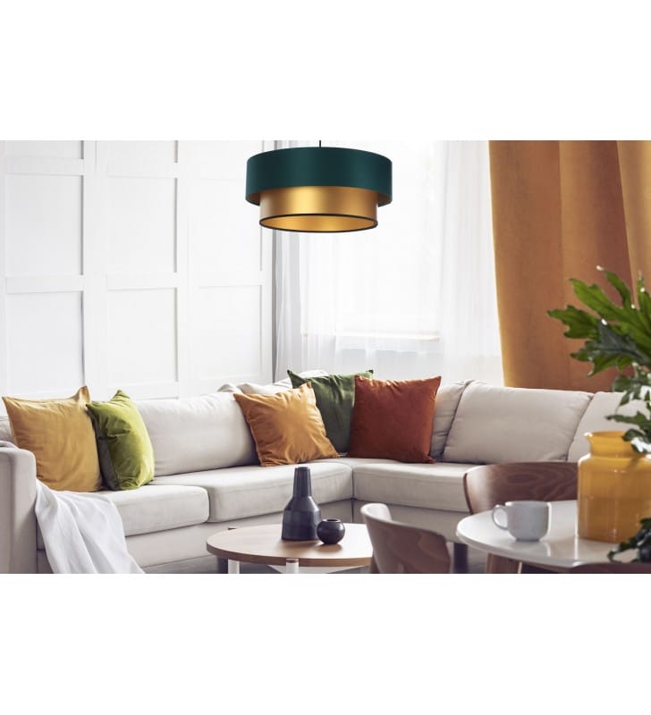 Zielono złota 50cm lampa wisząca Drawa z podwójnym abażurem do jadalni nad stół do salonu sypialni