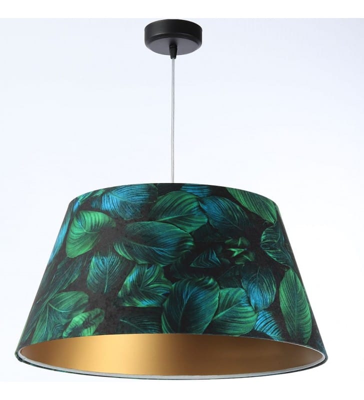 Lampa wisząca Jungle z tkaniny welurowej nadruk liście złote wnętrze