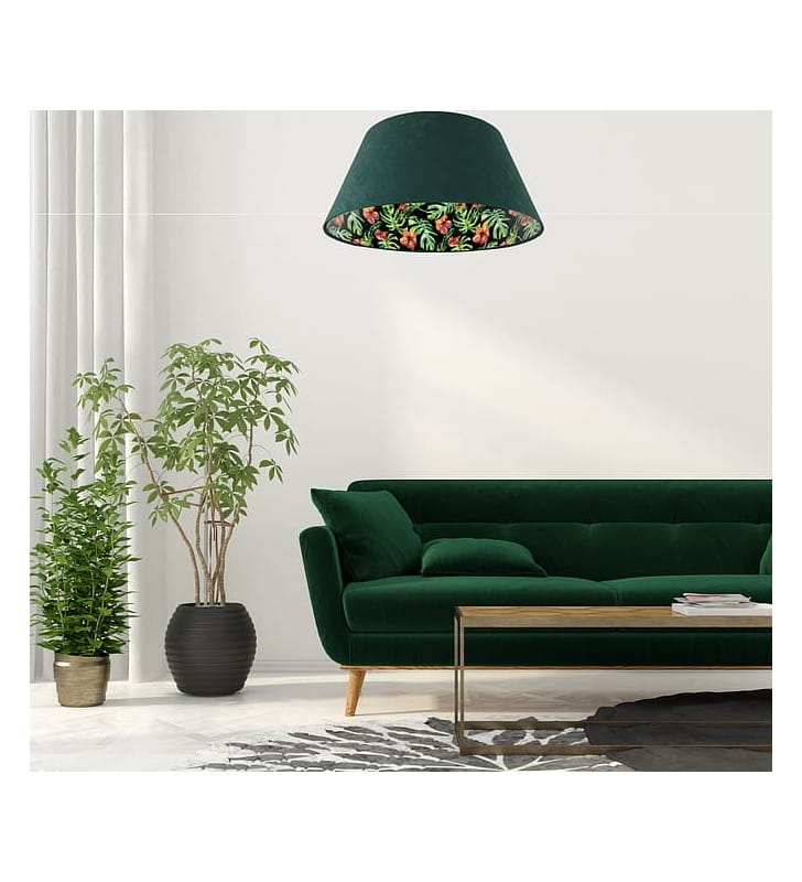 Zielona welurowa lampa wisząca z roślinnym nadrukiem wewnątrz abażura Flora do salonu sypialni jadalni