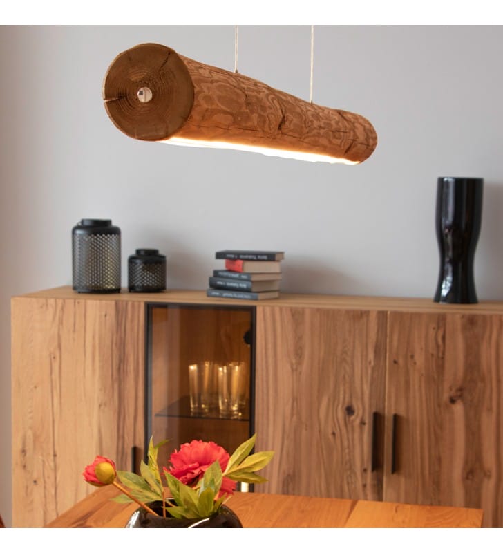 Podłużna drewniana lampa wisząca Lucas 90cm sosnowa belka ściemniacz dotykowy do salonu sypialni jadalni kuchni