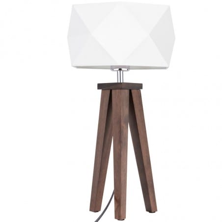 Lampa stołowa na 3 drewnianych nogach w kolorze orzecha z białym geometrycznym abażurem Finja na komodę stolik nocny