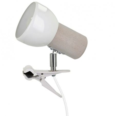 Lampa mocowana na klips Svenda Clips połączenie jasnego bielonego drewna z białym kloszem włącznik na kablu