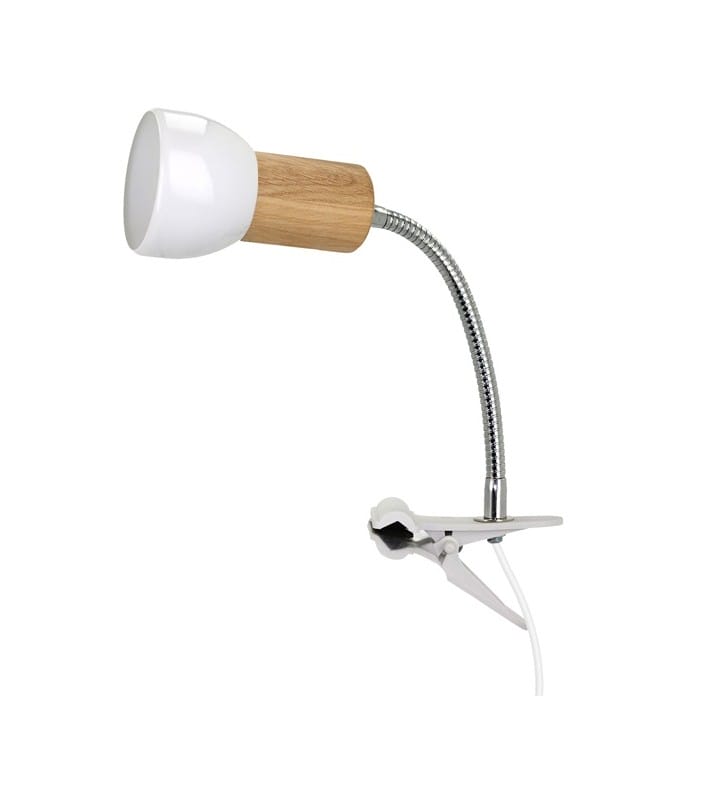 Lampa kinkiet z klipsem Svenda Clips drewno dębowe biały klosz włącznik na kablu giętkie ramię
