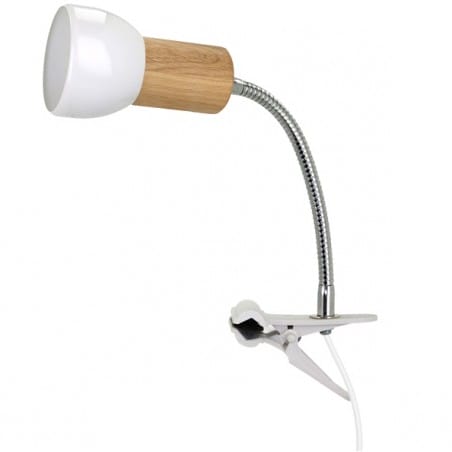 Lampa kinkiet z klipsem Svenda Clips drewno dębowe biały klosz włącznik na kablu giętkie ramię