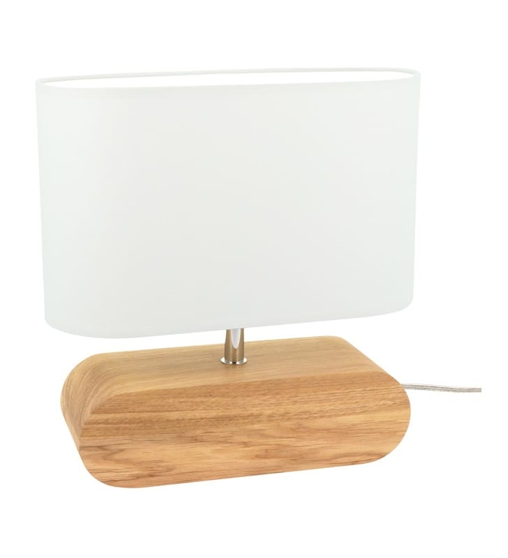 Lampa stołowa z drewnianą dębową podstawą i białym owalnym abażurem Marinna