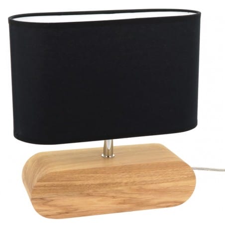 Nieduża lampa stołowa z drewnianą podstawą Marinna czarny owalny abażur do salonu sypialni na komodę