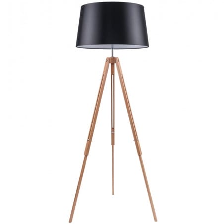 Lampa stojąca Tripod czarny okrągły abażur z dębową podstawą typu trójnóg styl skandynawski do sypialni salonu jadalni