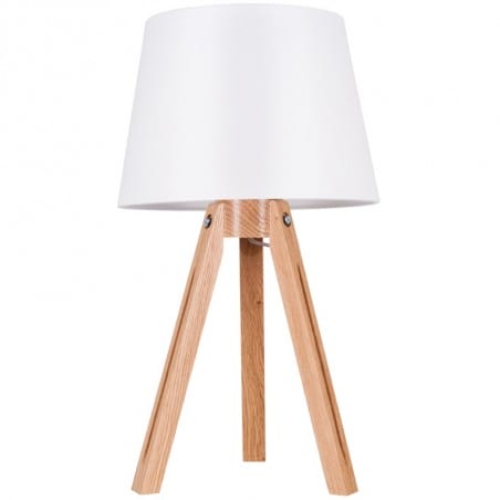 Lampa stołowa na drewnianym dębowym trójnogu Tripod biały okrągły abażur do sypialni na komodę do salonu jadalni