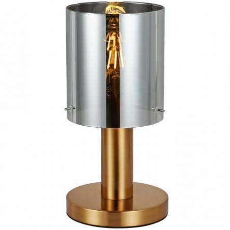 Sardo nowoczesna lampa stołowa ze szklanym dymionym kloszem podstawa w kolorze mosiądzu