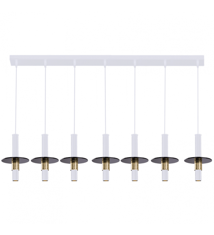 Podłużna 1,5m 7 punktowa lampa wisząca Alvito wąskie okrągłe klosze ze złotym dekorem i szklanym dyskiem np. nad stół
