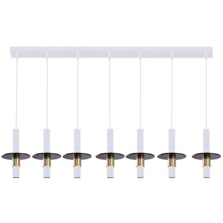 Podłużna 1,5m 7 punktowa lampa wisząca Alvito wąskie okrągłe klosze ze złotym dekorem i szklanym dyskiem np. nad stół